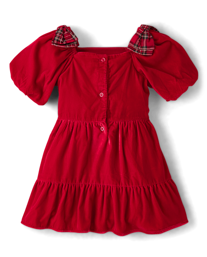Girls Plaid Bow Velvet Ruffle Dress - Royal Christmas
