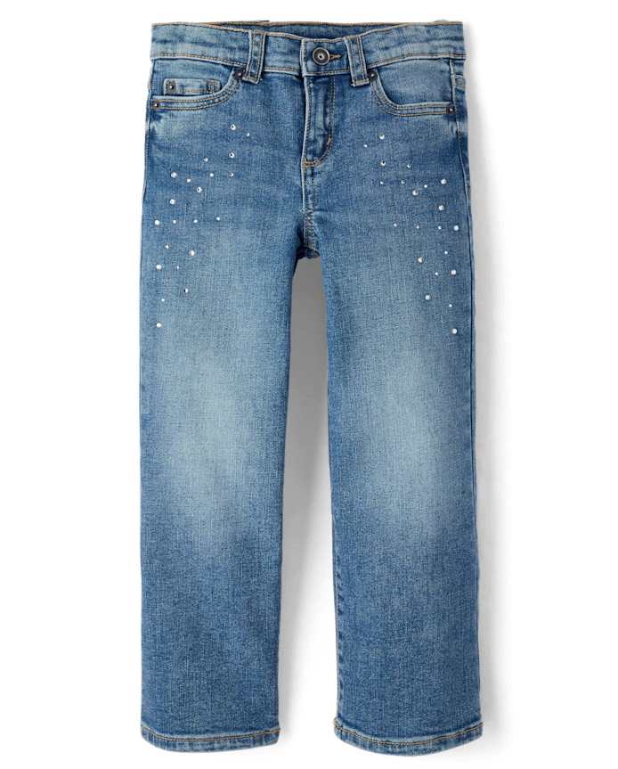 Girls Rhinestone Wide Leg Jeans - On Pointe
