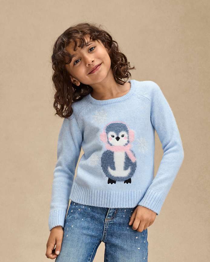 Girls Eyelash Penguin Sweater - First Frost