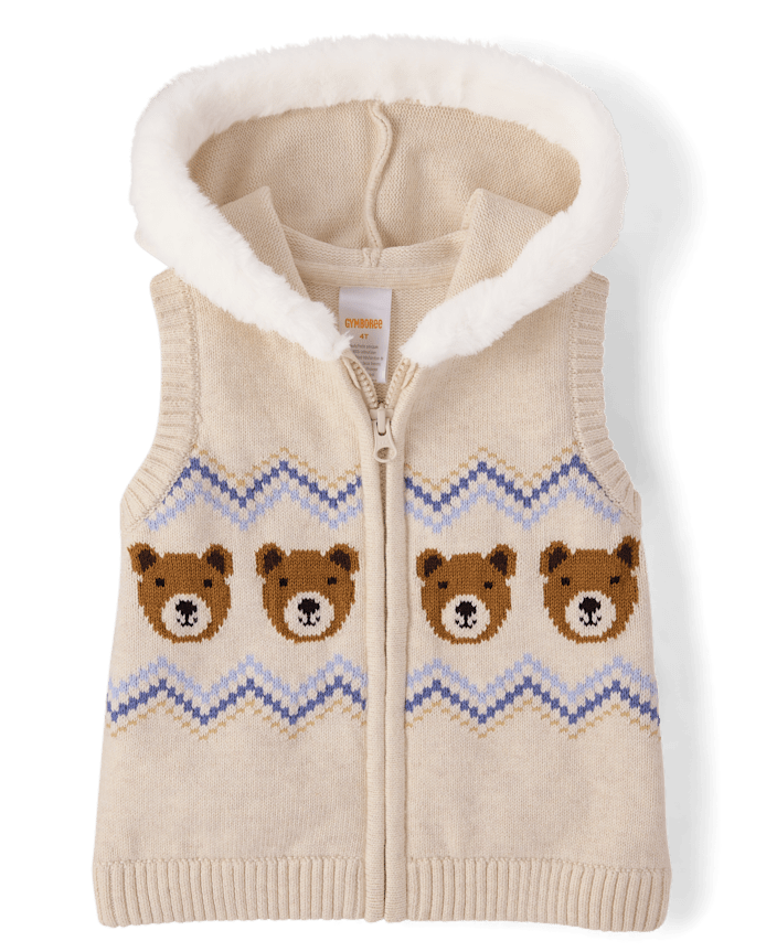 Girls Bear Fairisle Zip Up Vest - First Frost