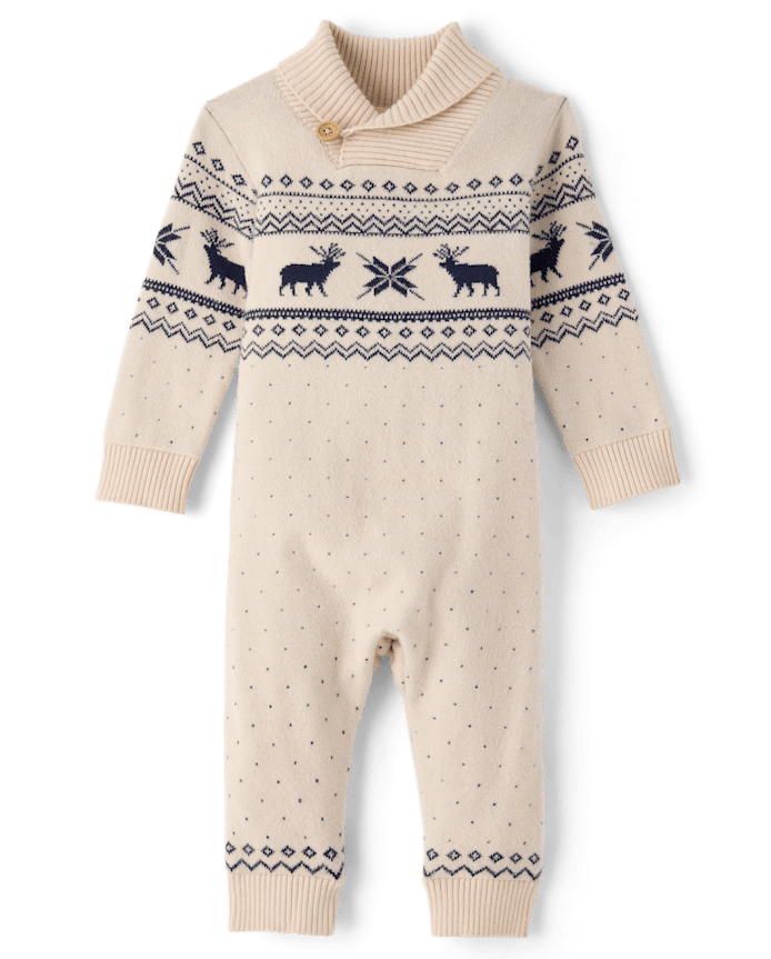 Baby Boys Reindeer Fairisle Shawl Collar Sweater Jumpsuit