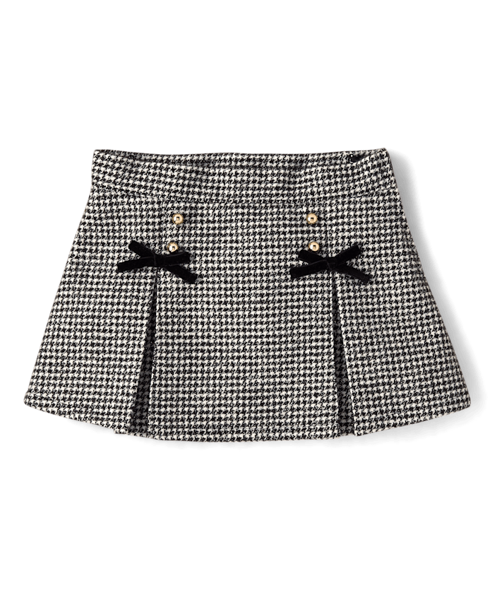 Girls Houndstooth Pleated Bow Skirt - Petit Paris