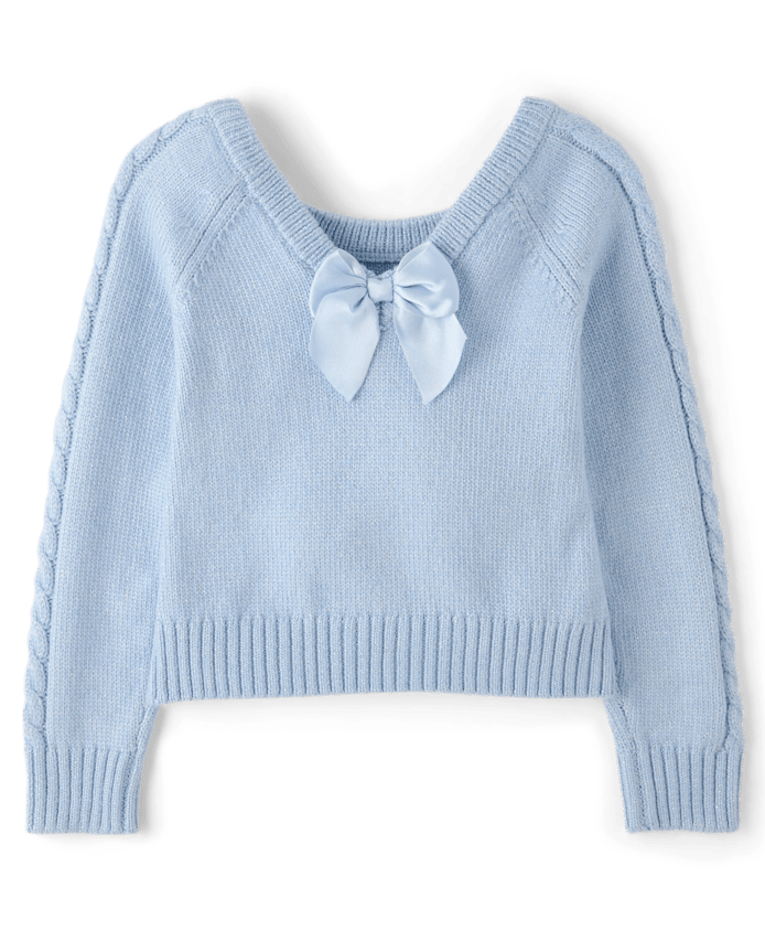 Girls Bow Back Cable Knit Sweater - On Pointe