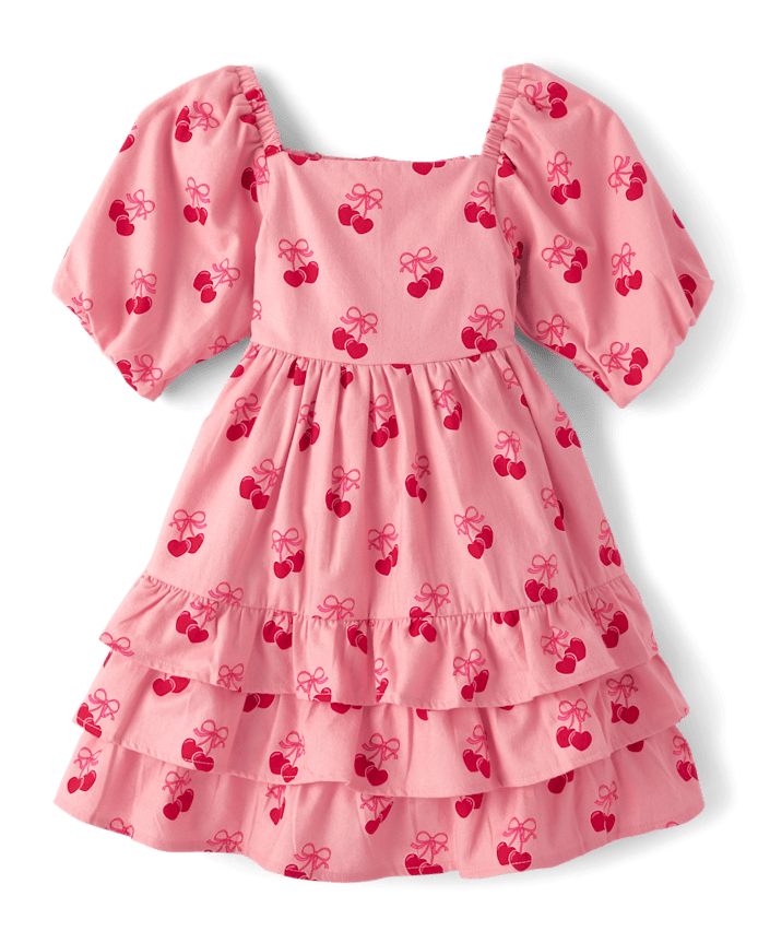 Girls Cherry Heart Flannel Tiered Dress - Mon Cheri