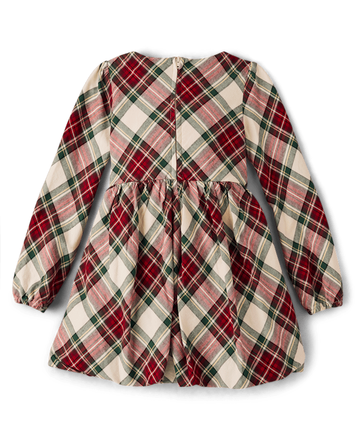 Girls Plaid Bow Flannel Bubble Dress - Royal Christmas