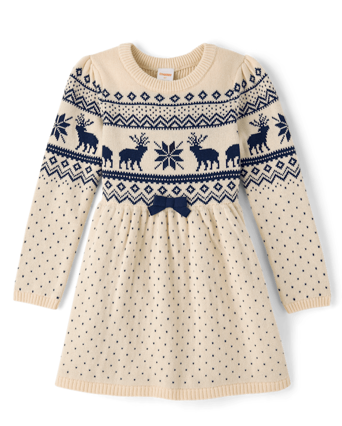 Girls Reindeer Fairisle Sweater Dress - First Frost
