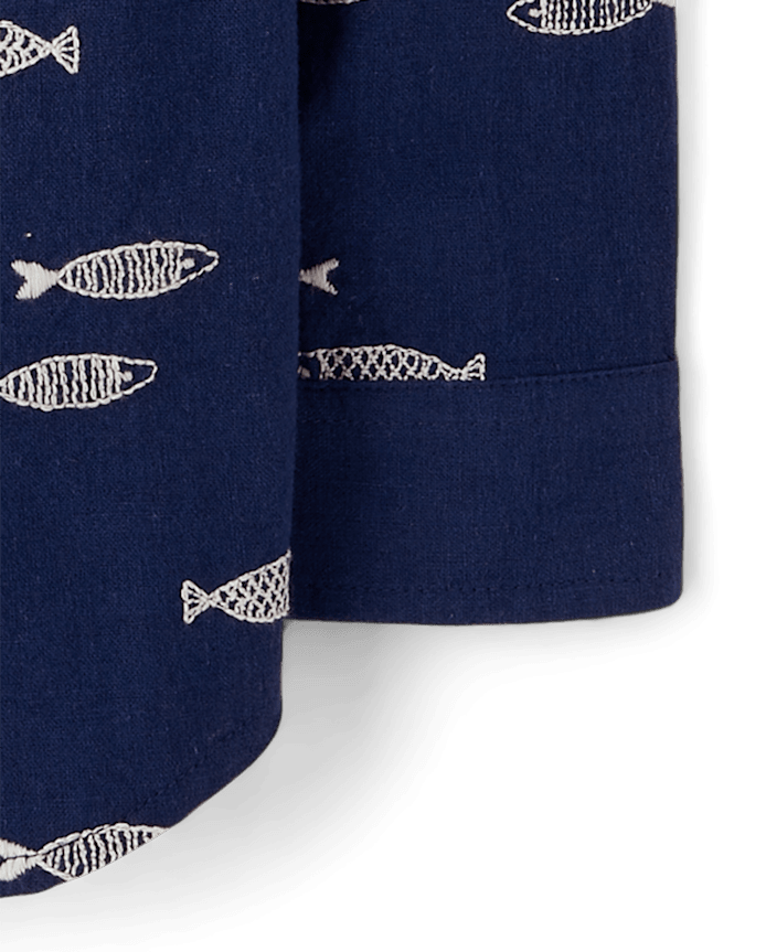 Boys Embroidered Fish Button Up Shirt - Driftwood Bay