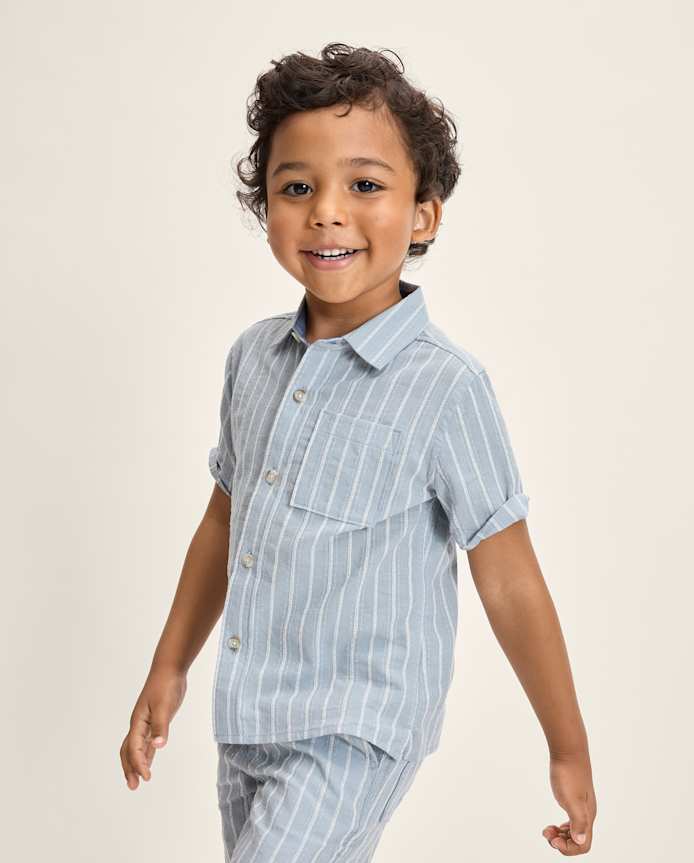 Boys Striped Linen-Blend Button Up Shirt