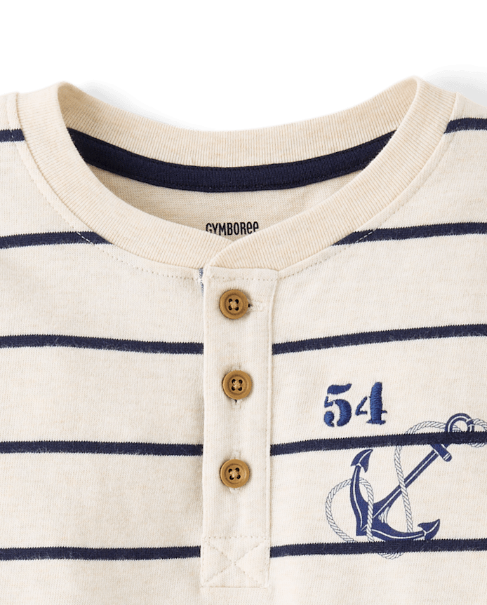 Boys Striped Embroidered Coastal Henley Top - Driftwood Bay