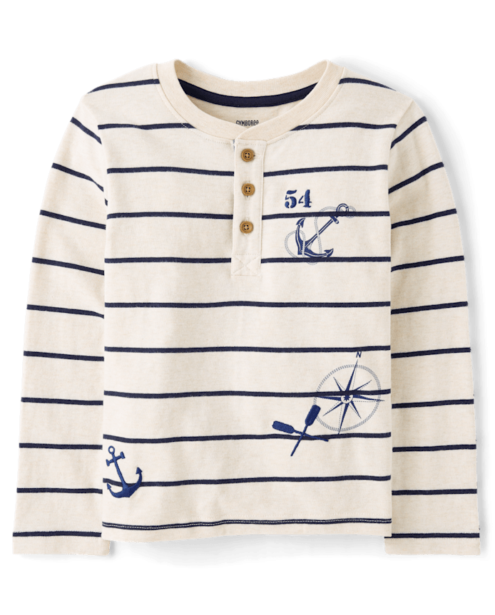 Boys Striped Embroidered Coastal Henley Top - Driftwood Bay