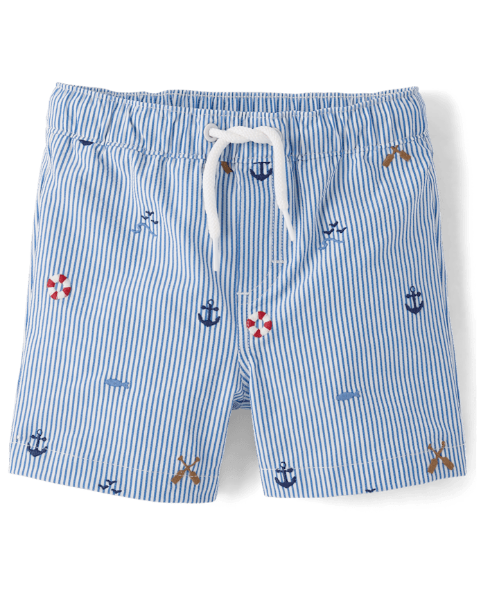Boys Embroidered Coastal Seersucker Swim Trunks - Shop