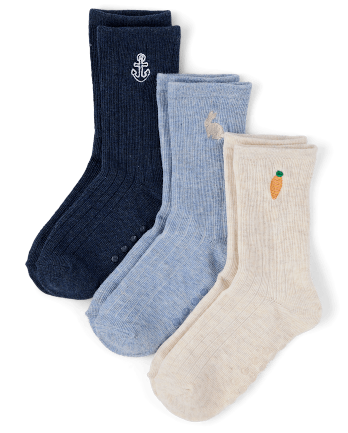 Boys Embroidered Bunny Crew Socks 3-Pack - Enchanted Garden