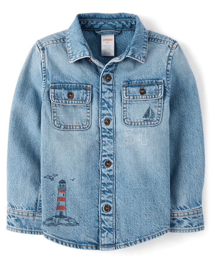 Boys Embroidered Lighthouse Denim Button Up Shirt - Driftwood Bay
