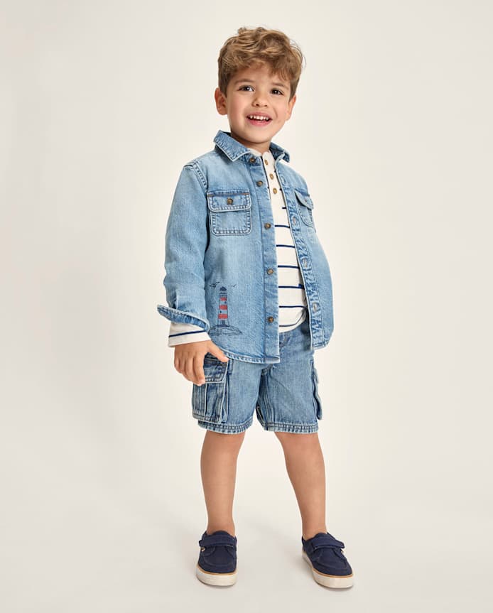 Boys Embroidered Lighthouse Denim Button Up Shirt - Driftwood Bay