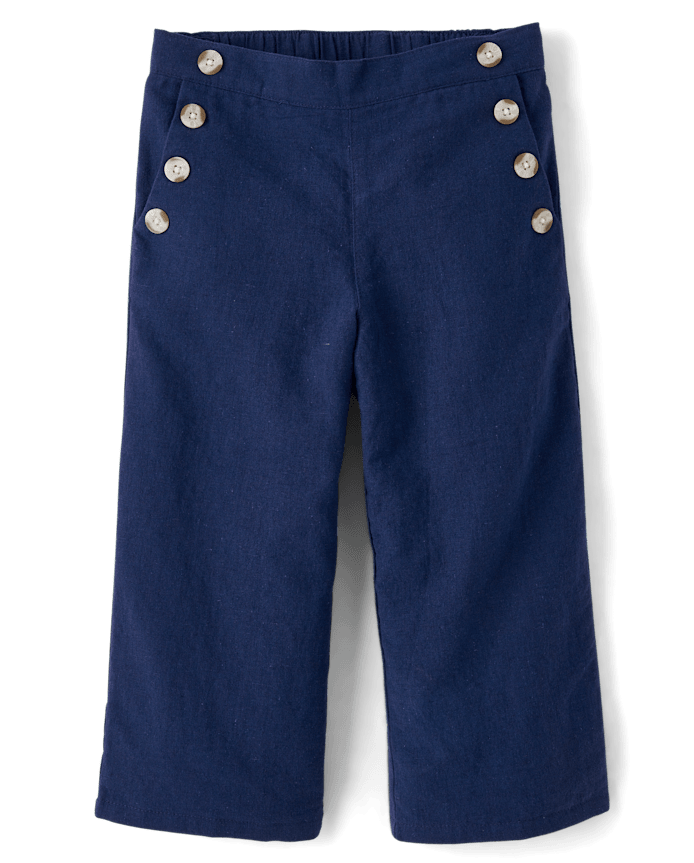 Girls Button Linen-Blend Sailor Pants