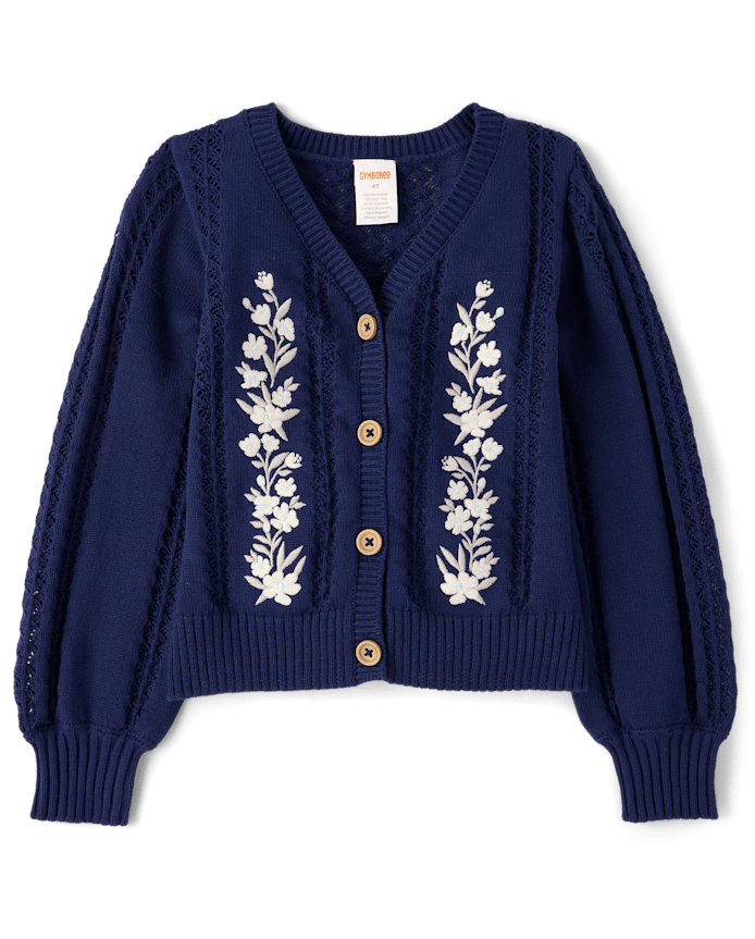 Girls Embroidered Floral Pointelle Cardigan - Driftwood Bay