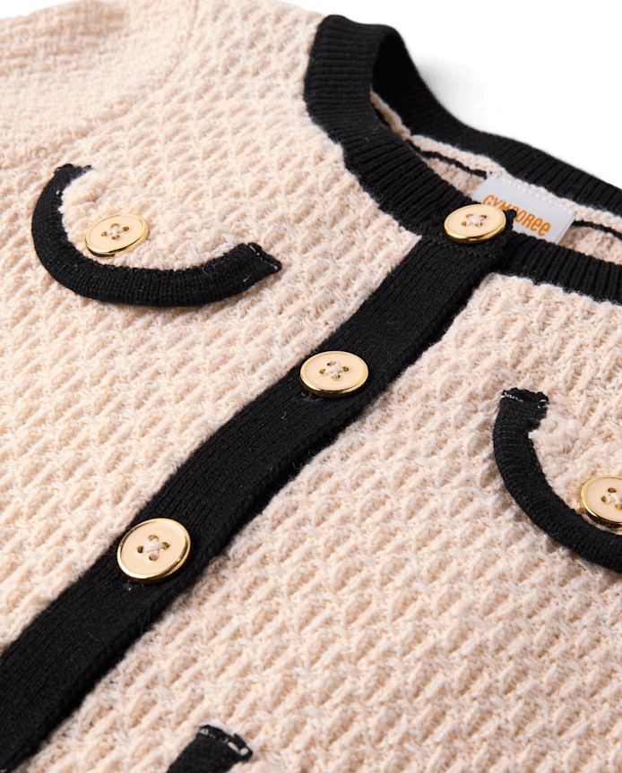 Girls Contrast Faux Tweed Sweater Cardigan - Petit Paris