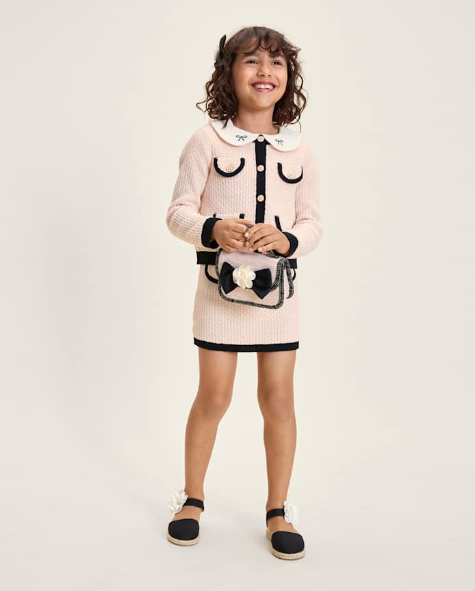 Girls Contrast Faux Tweed Sweater Skirt - Petit Paris
