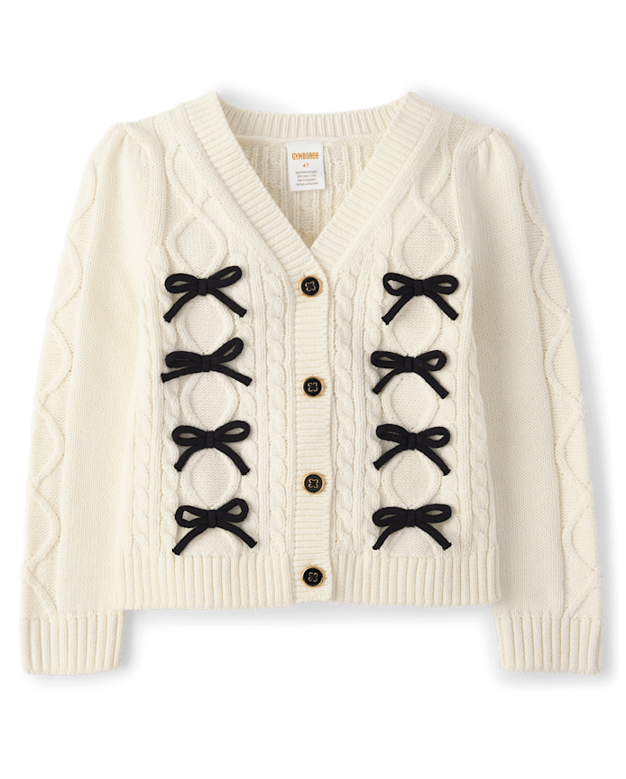 Girls Bow Cable Knit Cardigan - Petit Paris