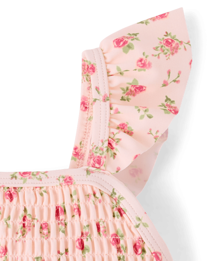 Girls Floral Smocked Flutter One Piece Swimsuit