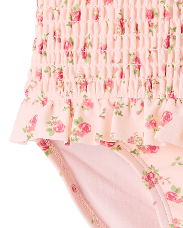Girls Floral Smocked Flutter One Piece Swimsuit