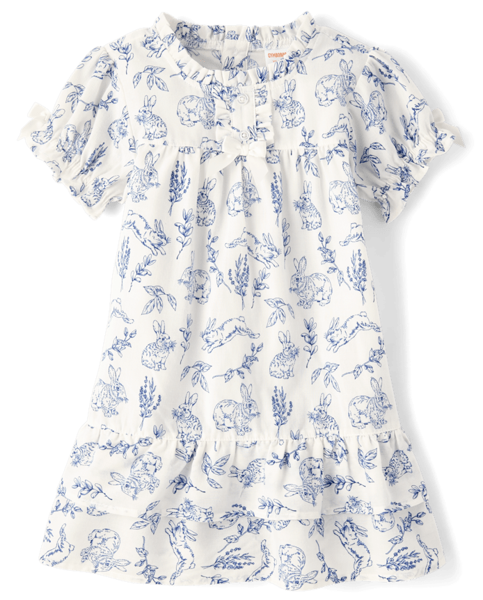 Girls Bunny Toile Poplin Ruffle Nightgown