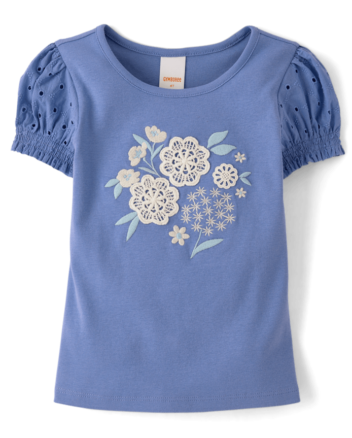 Girls Floral Applique Puff Sleeve Top - Driftwood Bay