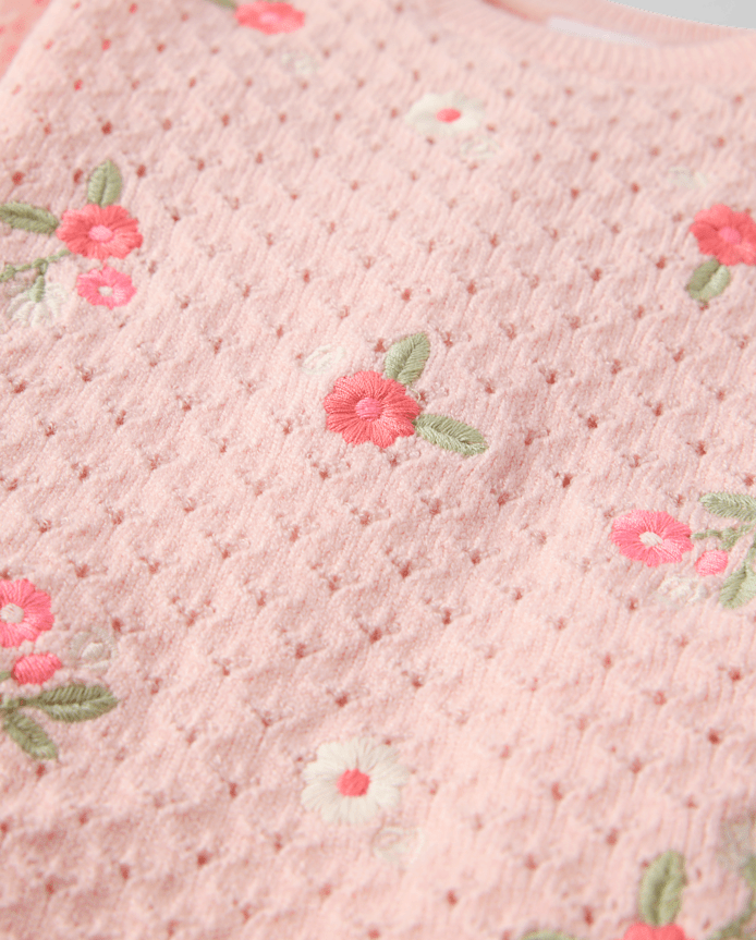 Baby Girls Embroidered Floral Pointelle Sweater 2-Piece Outfit Set