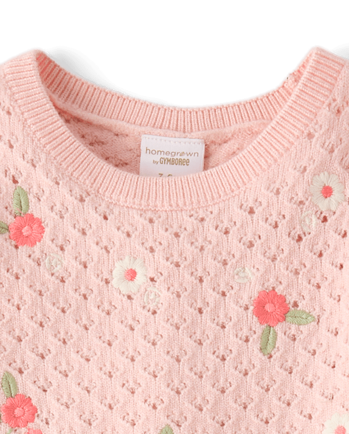 Baby Girls Embroidered Floral Pointelle Sweater 2-Piece Outfit Set