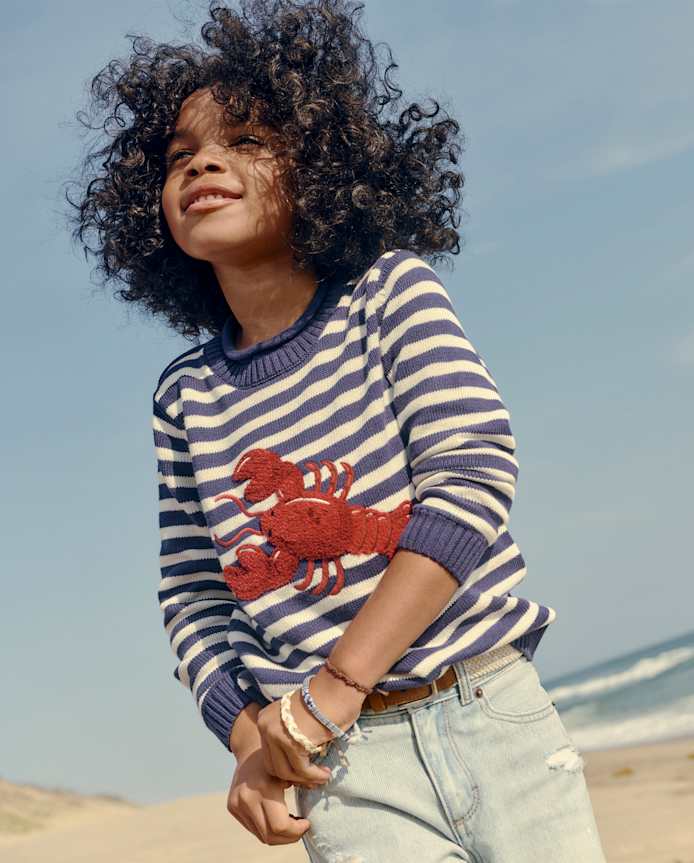 Kids Striped Embroidered Chenille Lobster Sweater - Driftwood Bay