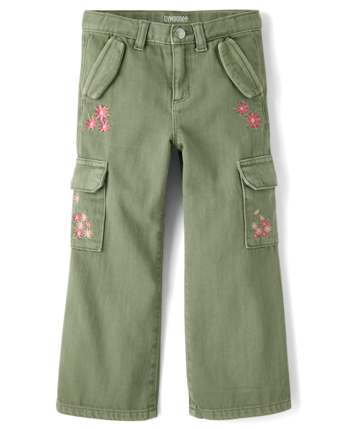 Girls Embroidered Floral Garment Dyed Wide Leg Cargo Jeans - Enchanted Garden