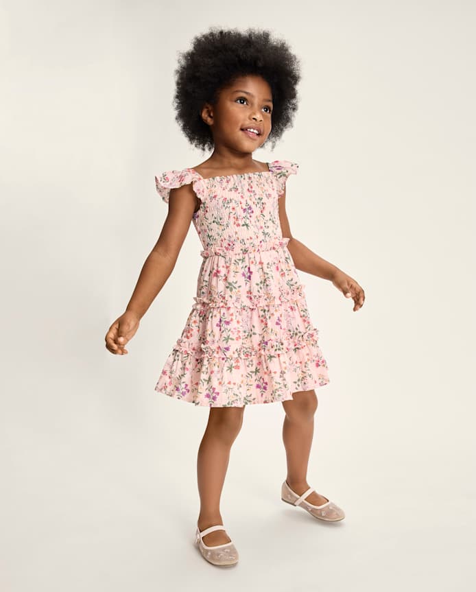Girls Floral Smocked Tiered Dress - Enchanted Garden