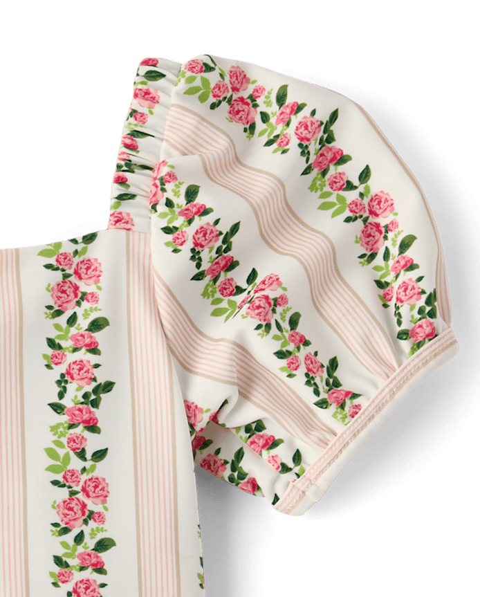Girls Floral Puff Sleeve Tankini Swimsuit