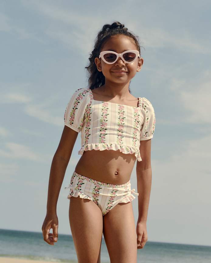 Girls Floral Puff Sleeve Tankini Swimsuit