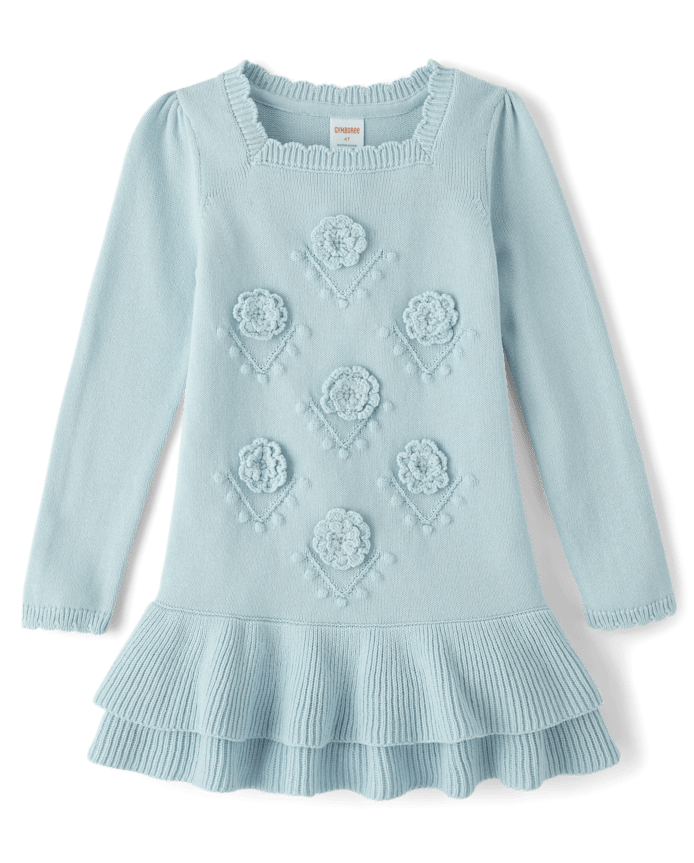 Girls Crochet Floral Drop Waist Tiered Sweater Dress - Driftwood Bay
