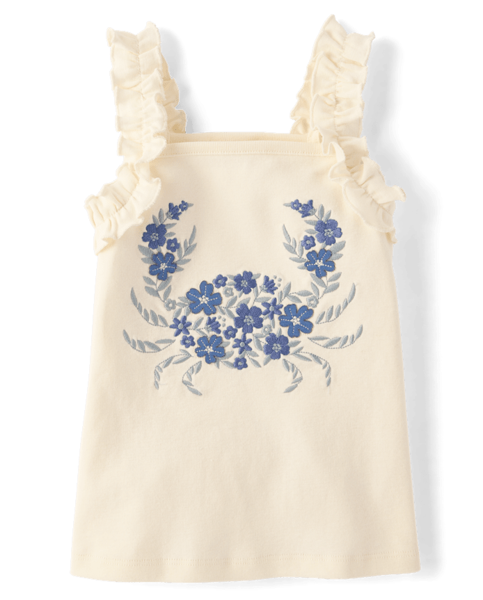 Girls Embroidered Sea Creature Ruffle Tank Top