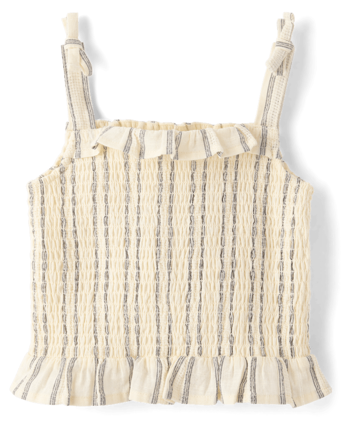 Girls Striped Textured Smocked Bow Shoulder Tank Top - Driftwood Bay