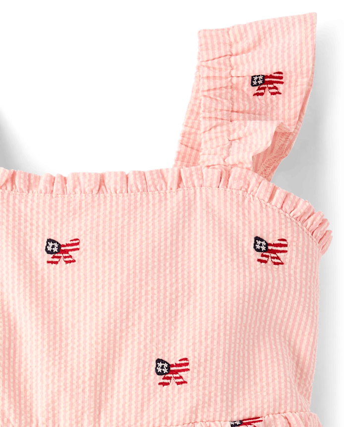 Girls Embroidered Flag Seersucker Tiered Dress - Nantucket Charm