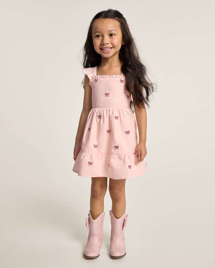 Girls Embroidered Flag Seersucker Tiered Dress - Nantucket Charm