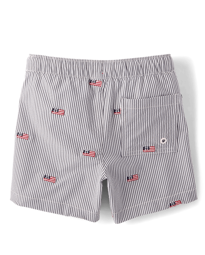 Boys Embroidered Flag Seersucker Swim Trunks - Shop