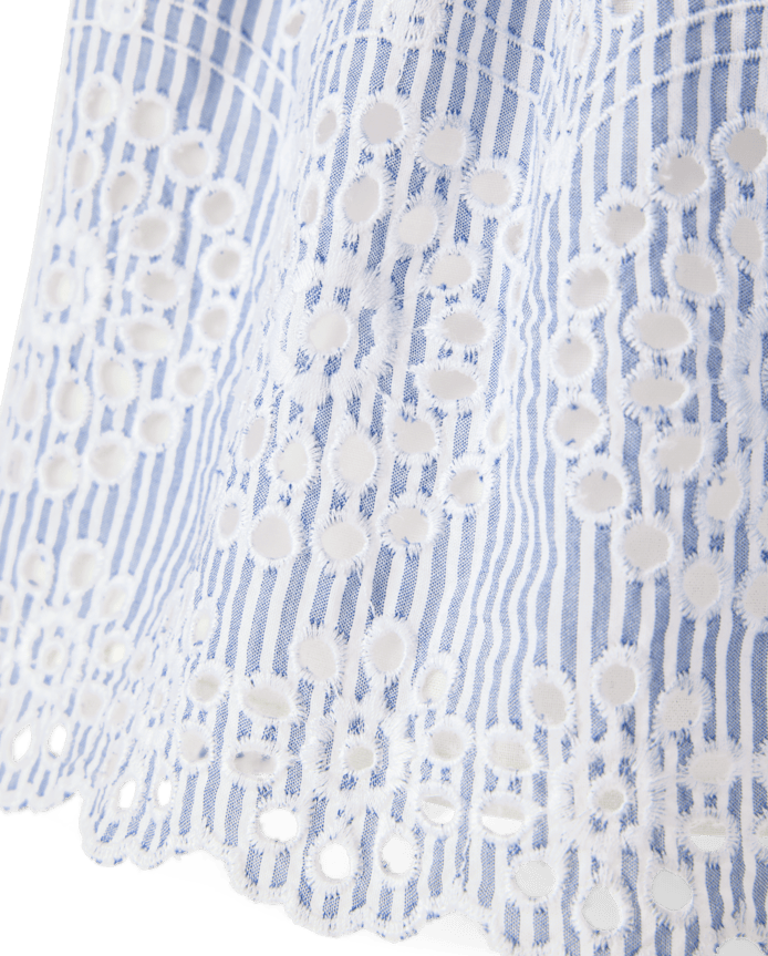 Girls Striped Embroidered Eyelet Bow Shoulder Dress - Driftwood Bay