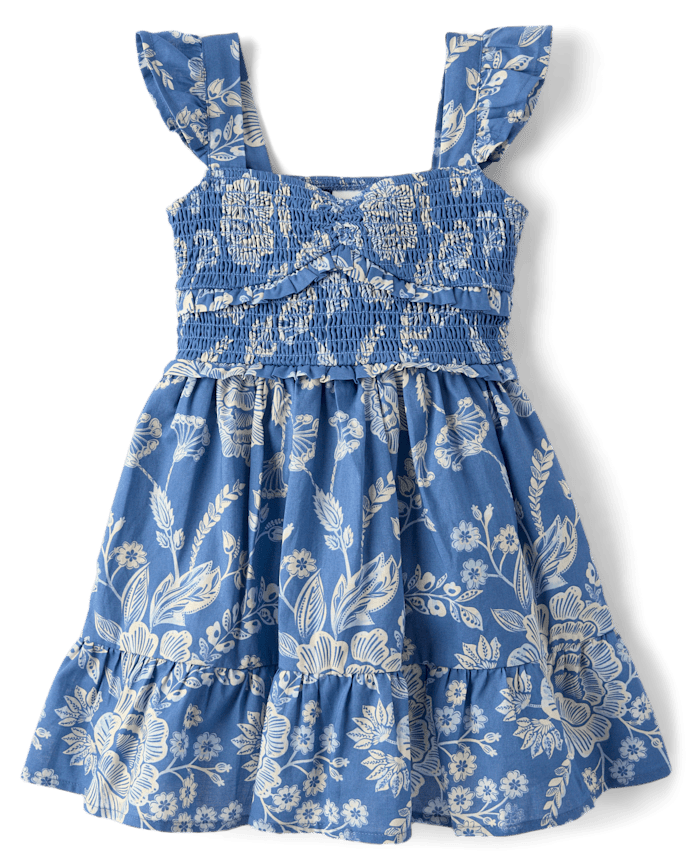 Girls Floral Smocked Ruffle Dress - Driftwood Bay