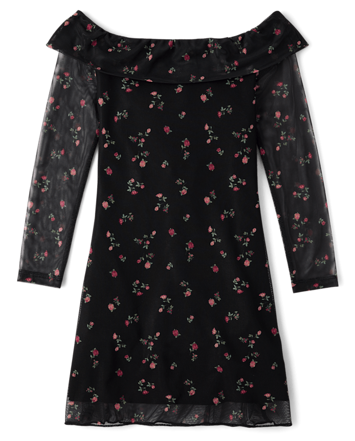 Tween Girls Floral Mesh Off-Shoulder Dress