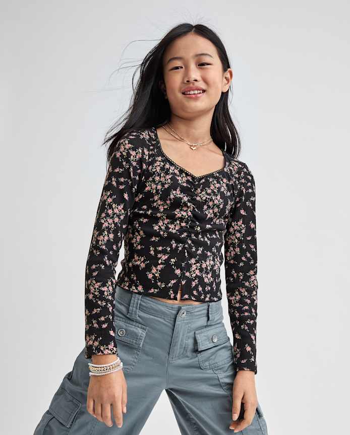 Tween Girls Floral Cinched Split Front Top