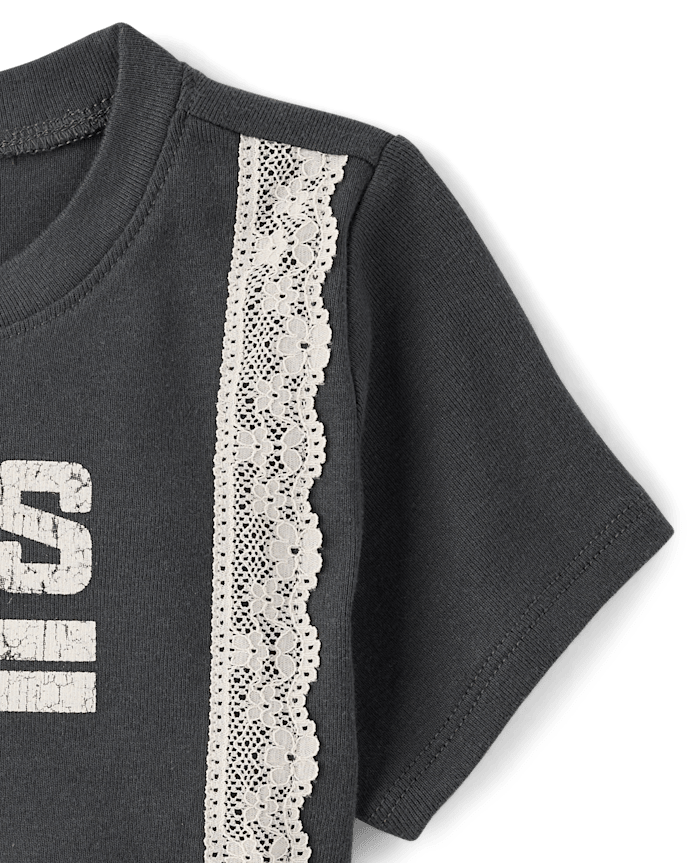 Tween Girls Lace Trim Varsity Graphic Top