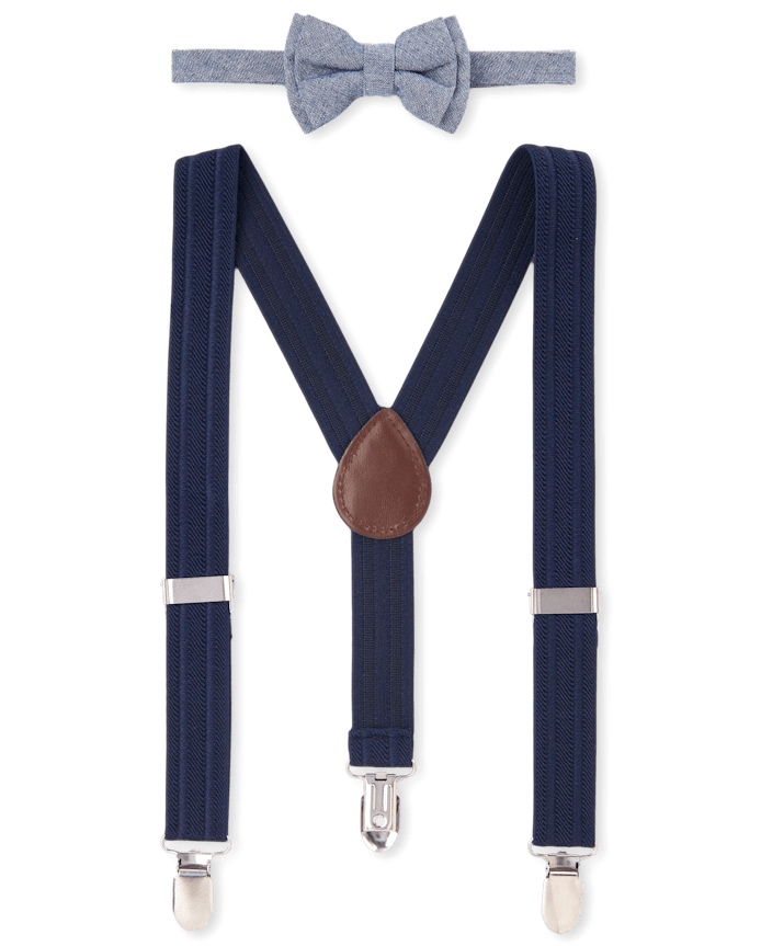 Toddler Boys Chambray Matching Bow Tie And Suspenders Set