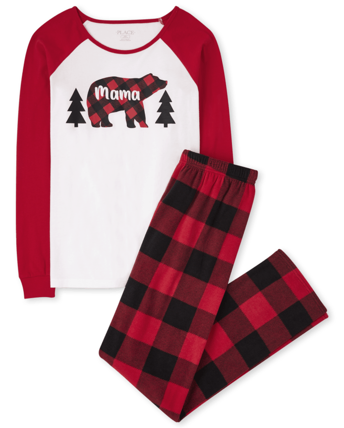 Womens Matching Family Bear Buffalo Plaid Cotton And Fleece Pajamas