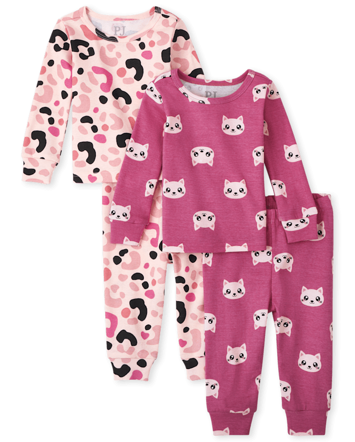 Baby And Toddler Girls Cat Leopard Snug Fit Cotton Pajamas 2-Pack