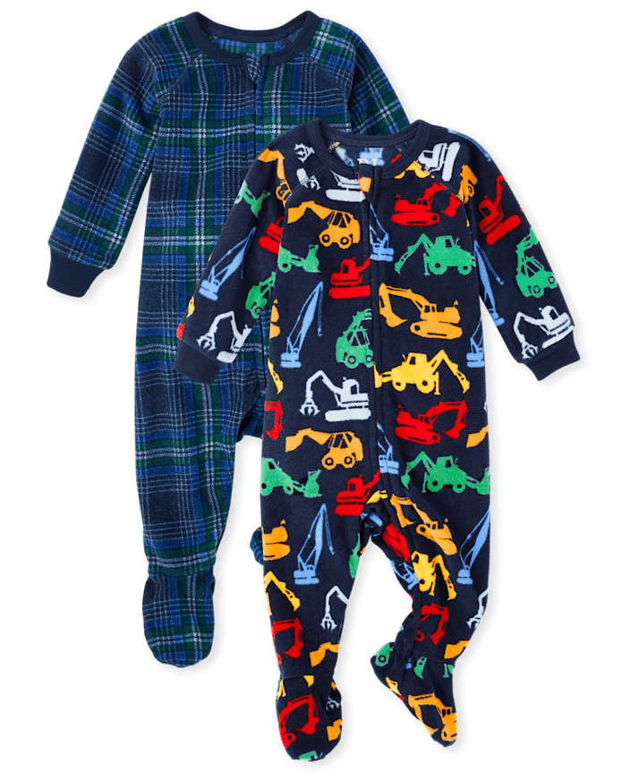 Baby And Toddler Boys Plaid Construction Fleece One Piece Pajamas 2-Pack
