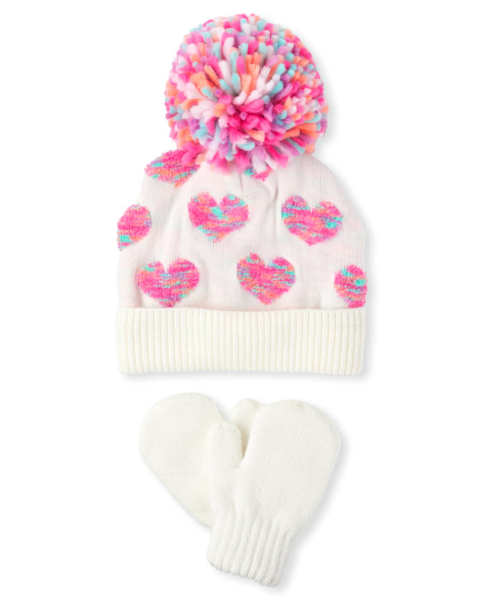 Toddler Girls Heart Hat And Mittens Set